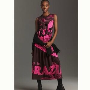 New with Tags Farm Rio x Anthropologie Tiered Brazil Graphic Pink Dress Size S
